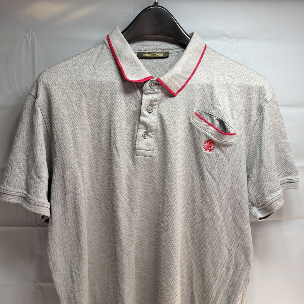 Vintage Roberto Cavalli Textured Knit Polo Shirt Men's XL Grey Red 100% Cotton